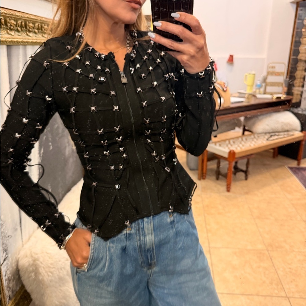 Studded Black bandage Embellished Zip-Front Women's Jacket
